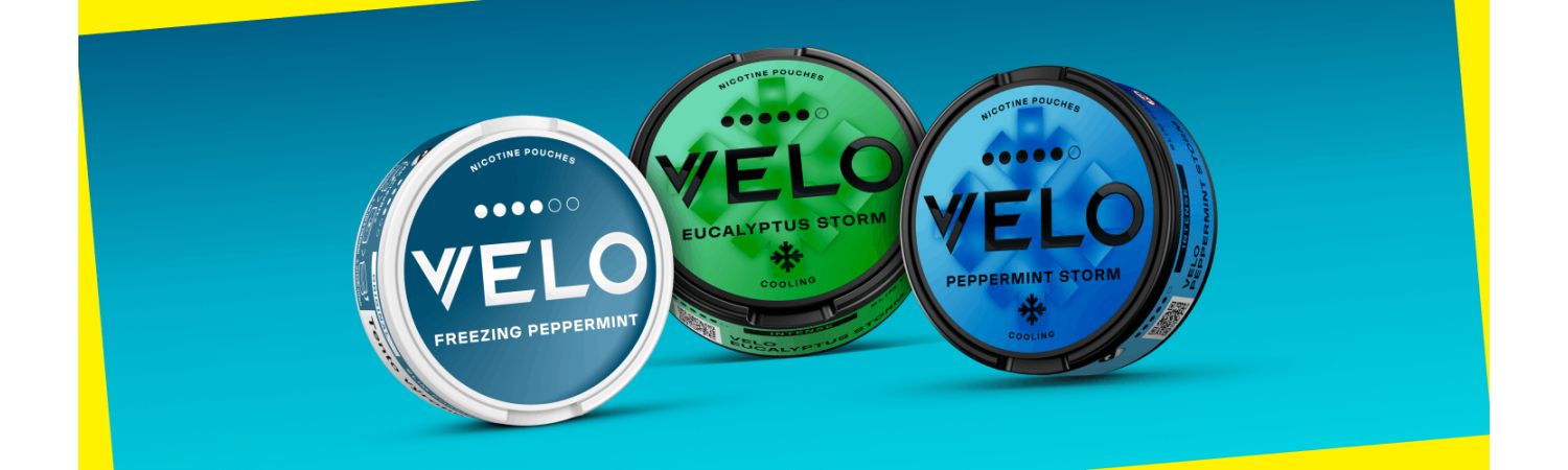 Kolekce nikotinových sáčků VELO – příchutě Freeze, Mighty Peppermint a Ice Cool v moderním designu
