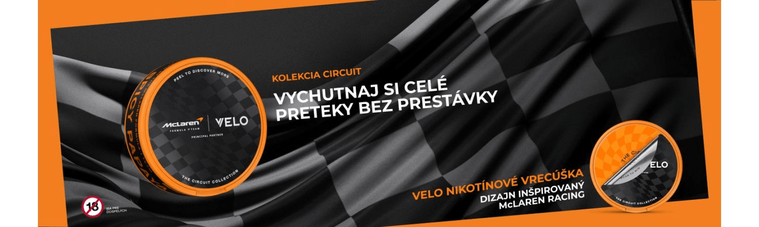 VELO Circuit x McLaren – prémiová kolekce pro fanoušky Formule 1 s výrazným černo-oranžovým designem a sloganem „Vychutej si celé závody bez přestávky"